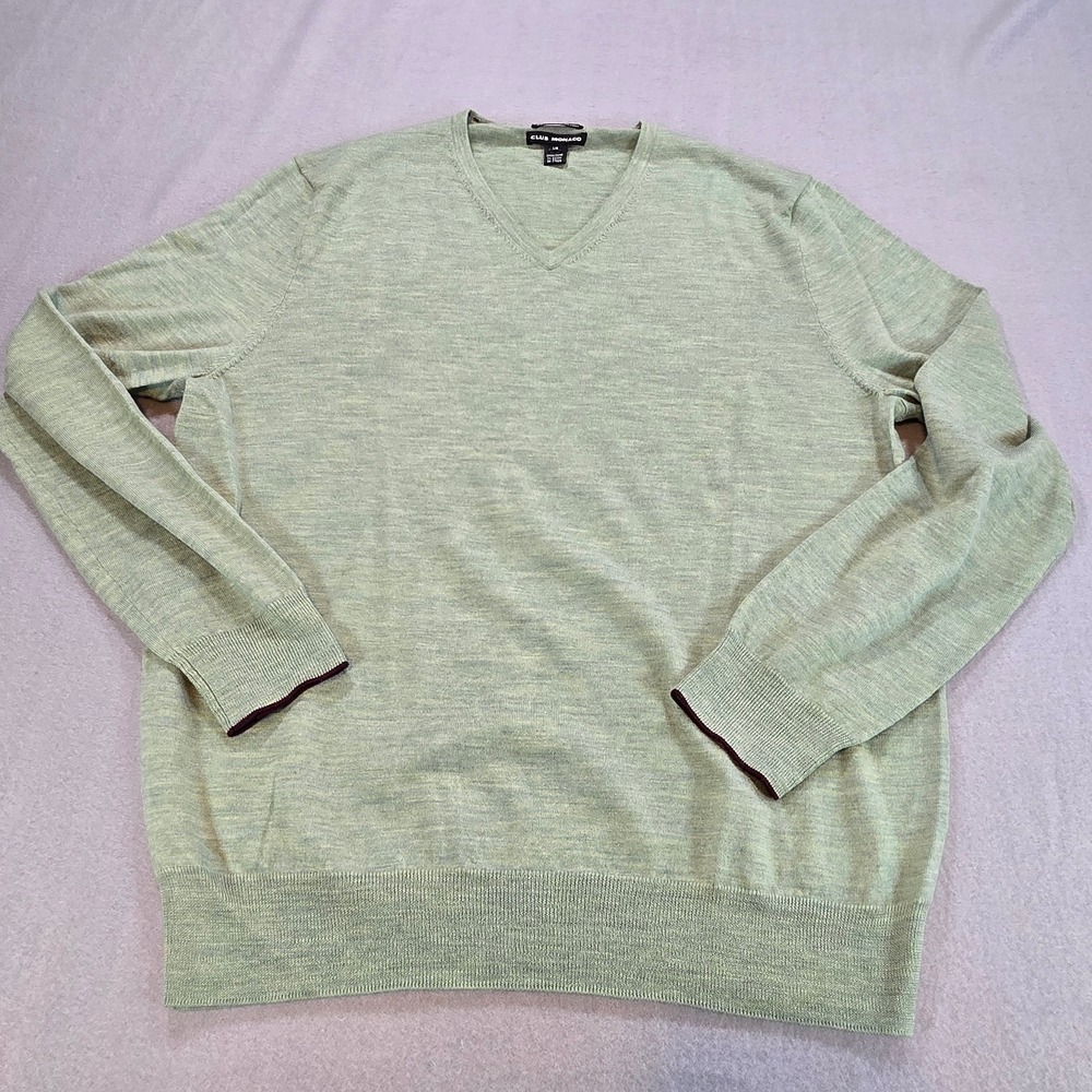 Club Monaco Sweater Mens Large Green V-Neck 100% Italian Merino Wool‎ Knit